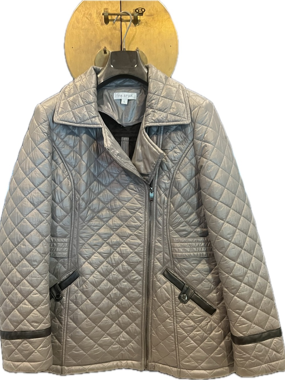 Via Spiga Silver Grey Quilted Puffer Jacket with Leather Trim